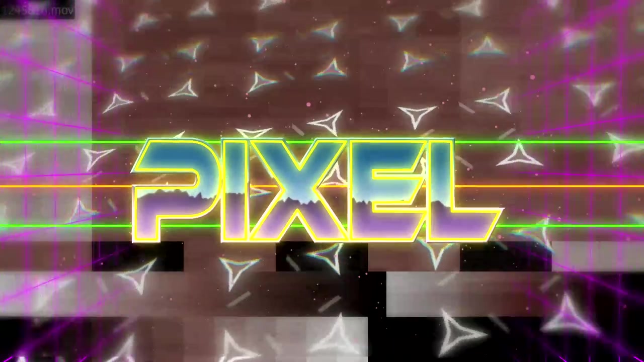 Flipping PIXEL text in grid space, sweeping scan lines and glitching blocks with drifting particles