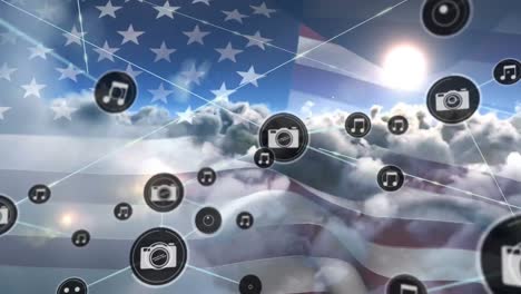 Animation-of-network-of-connections-of-icons-with-cameras-and-notes-over-usa-flag-and-clouds