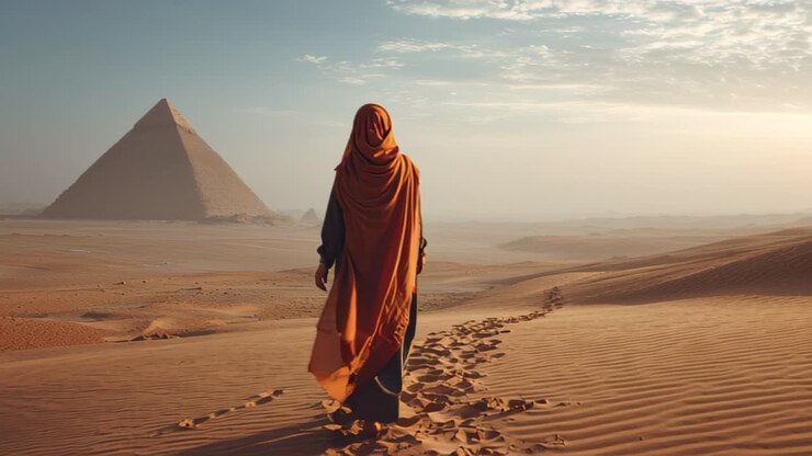 Grafica in movimento cinematografica di un viaggiatore solitario in tunica che cammina attraverso dune di sabbia verso un'antica piramide all'alba, con impronte che si perdono nel vasto deserto.