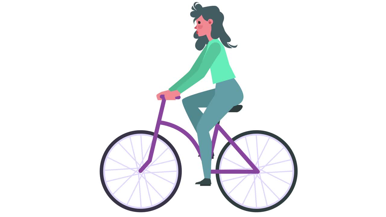 Bike Cyclist. Flat Cartoon Cute Woman Character Ride Bicycle Isolated Loop 2d Animation