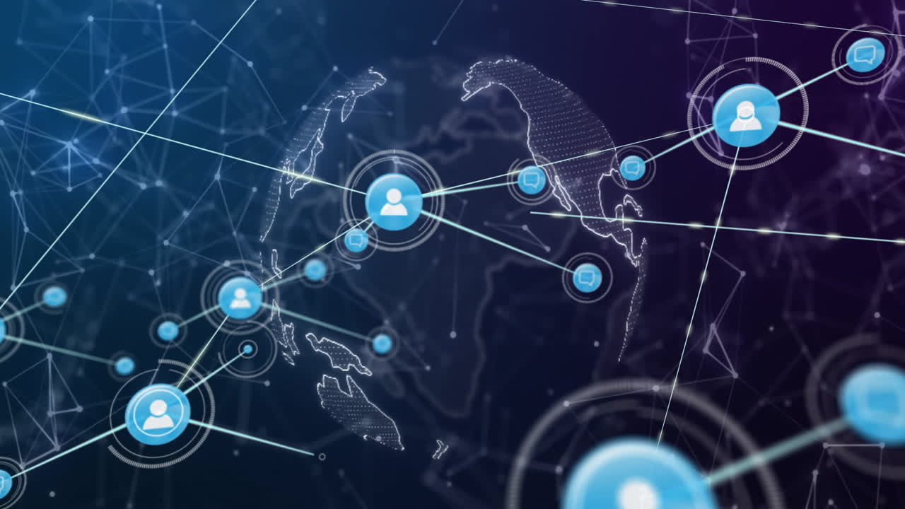 Network of connections and data processing animation over world map background