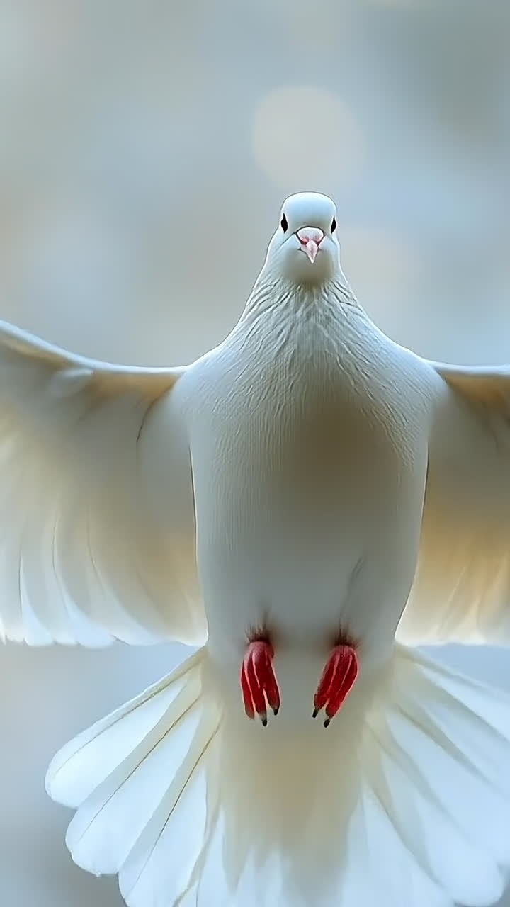 Dove soaring on soft backdrop. A white dove glides gracefully with wings spread wide, showcasing its elegance in a serene atmosphere.