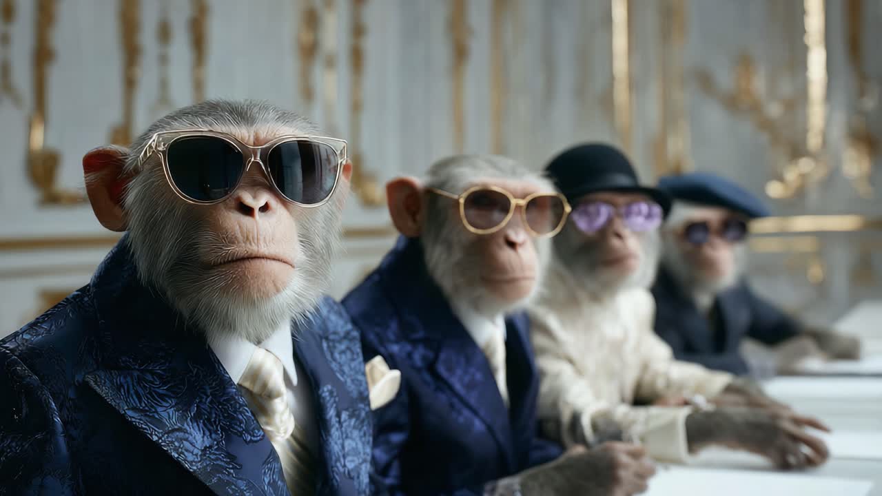 A Stylish Gathering of Monkeys Dressed in Elegant Attire and Sunglasses, Radiating Sophistication and Charm in a Luxurious Setting Captured in Two Cinematic Frames