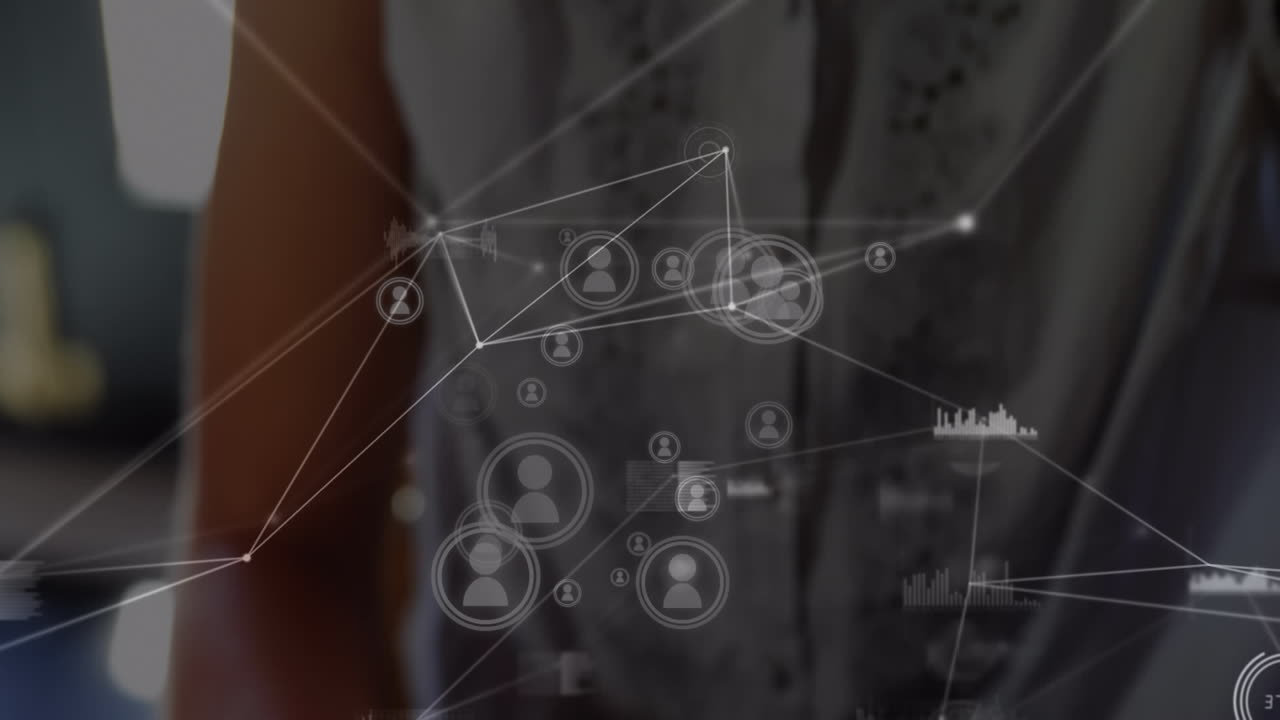 animación de la red de conexiones sobre la mujer usando auriculares vr