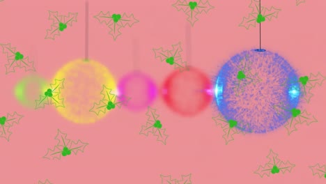 Animation-of-christmas-baubles-over-holy-pattern-on-pink-background