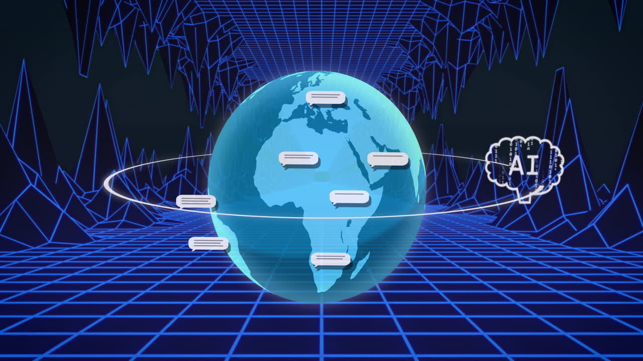 Animation of ai chat and data processing over globe and metaverse