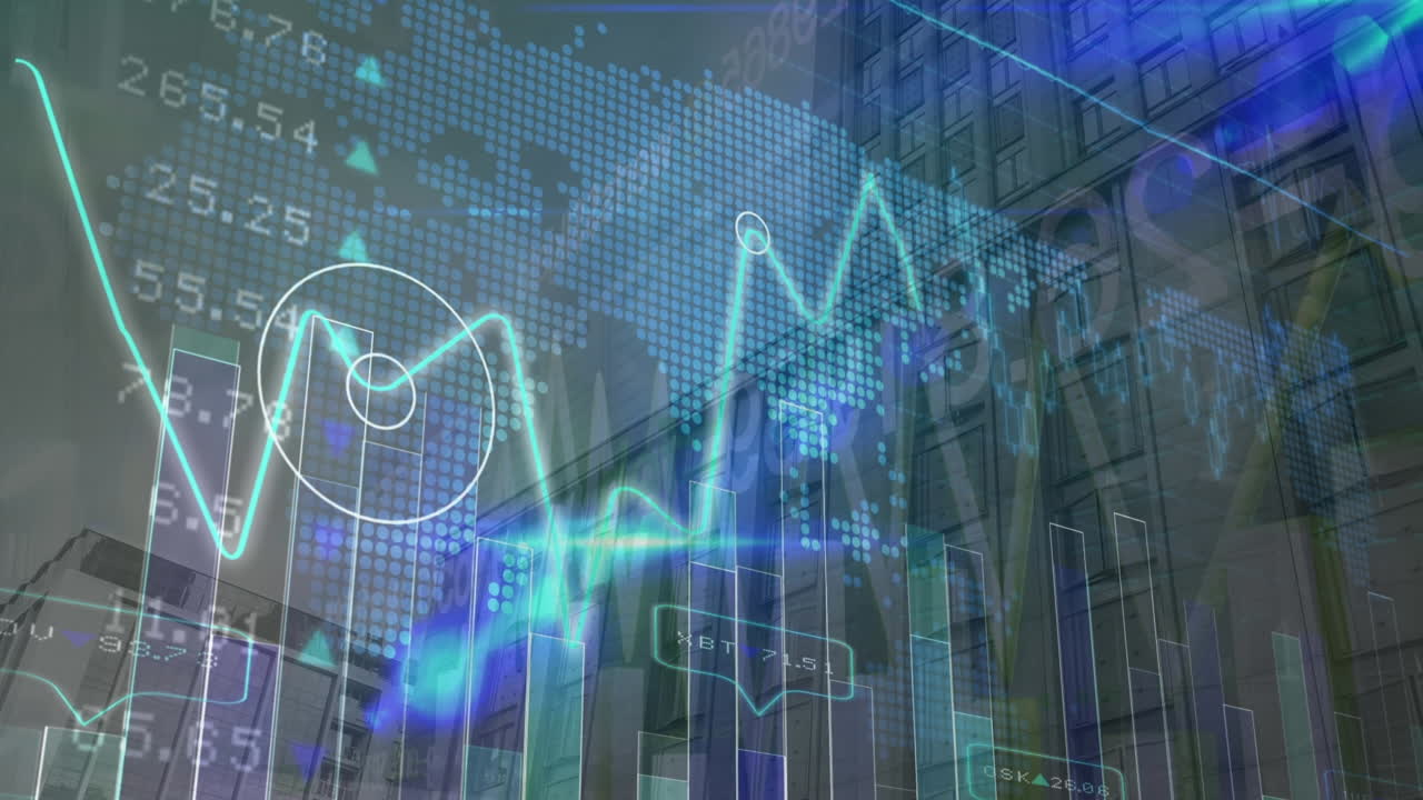 animación de gráficos, números, destellos de lentes y mapa sobre vista de ángulo bajo del edificio.