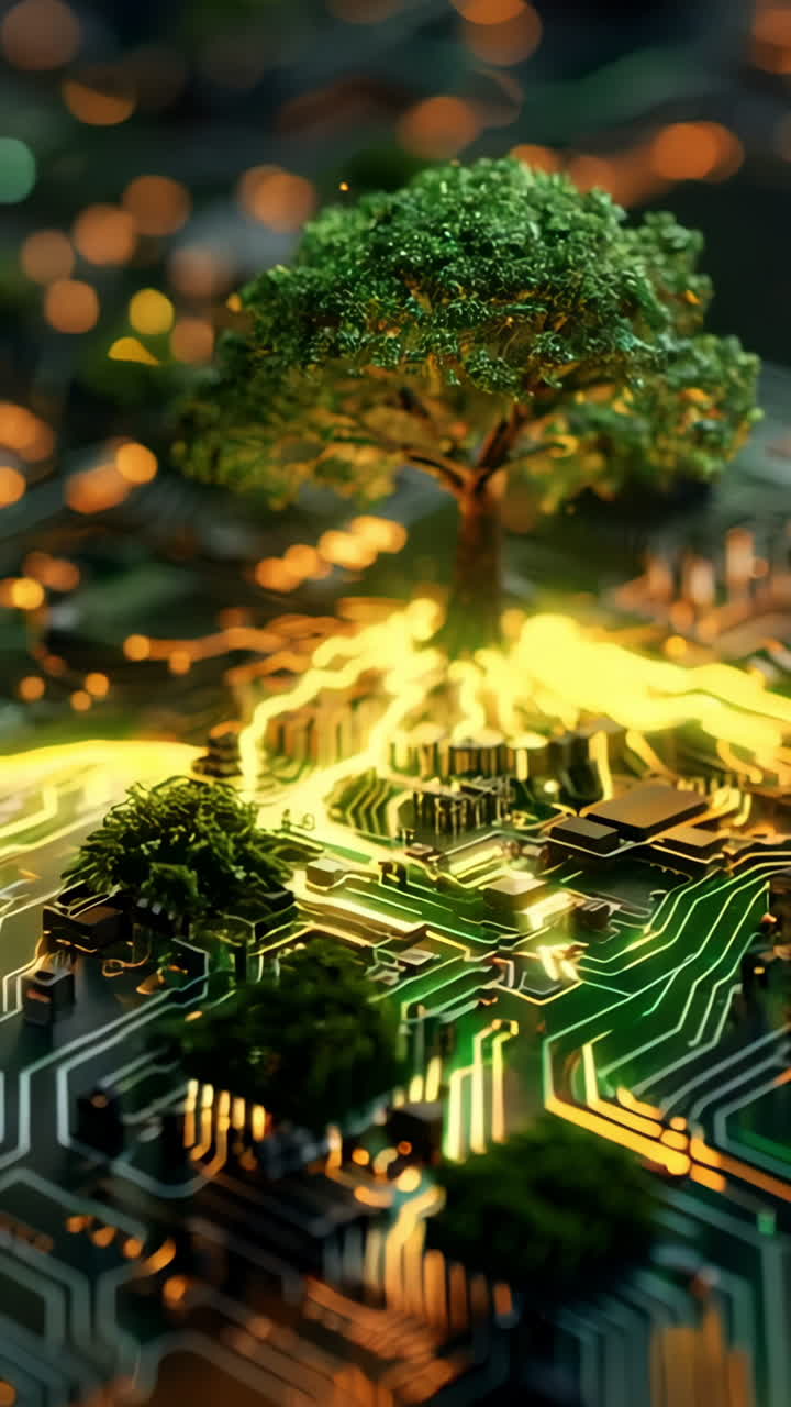 A tree is growing on a computer chip. The tree is surrounded by a lot of electronic components