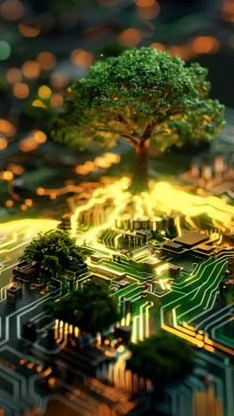 a tree is growing on a computer chip. the tree is surrounded by a lot of electronic components