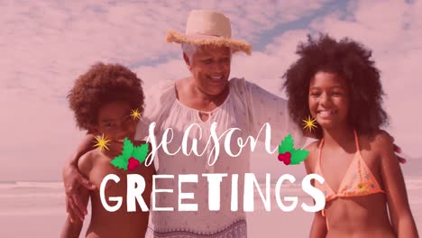 animation of season greetings text over happy diverse grandmother and grandchildren on sunny beach