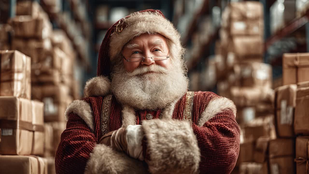 A Jolly Figure Surrounded by Stacks of Gift Boxes, Emphasizing the Spirit of Giving and Festivity in a Cheerful Holiday Setting with Warm Atmosphere