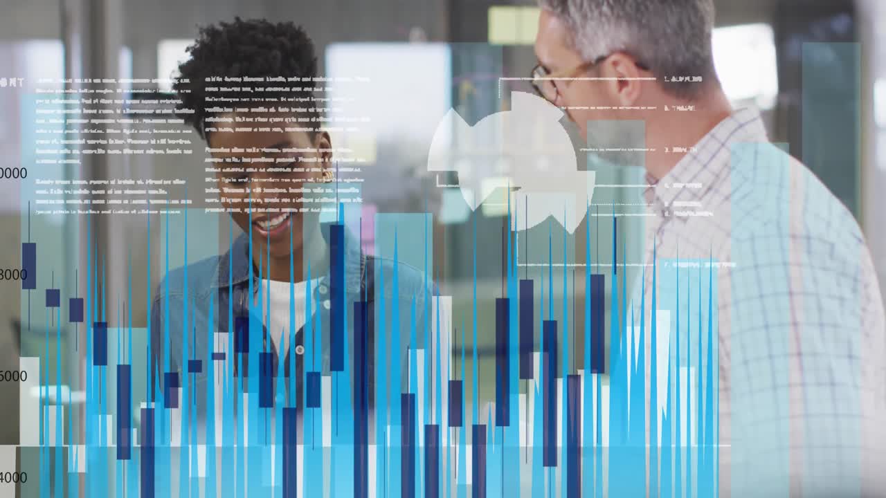 Animation of financial data processing over diverse business people in office