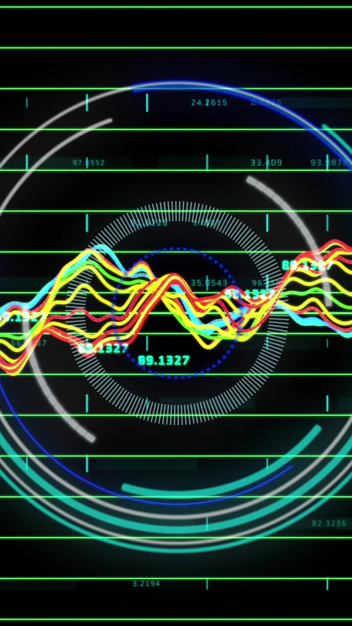 Animation of scope scanning and financial data processing over black background