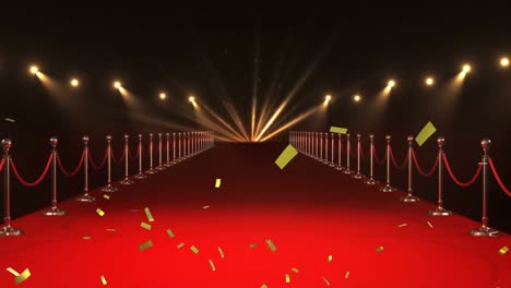 Animation-of-gold-confetti-falling-over-red-carpet-venue-with-spotlights