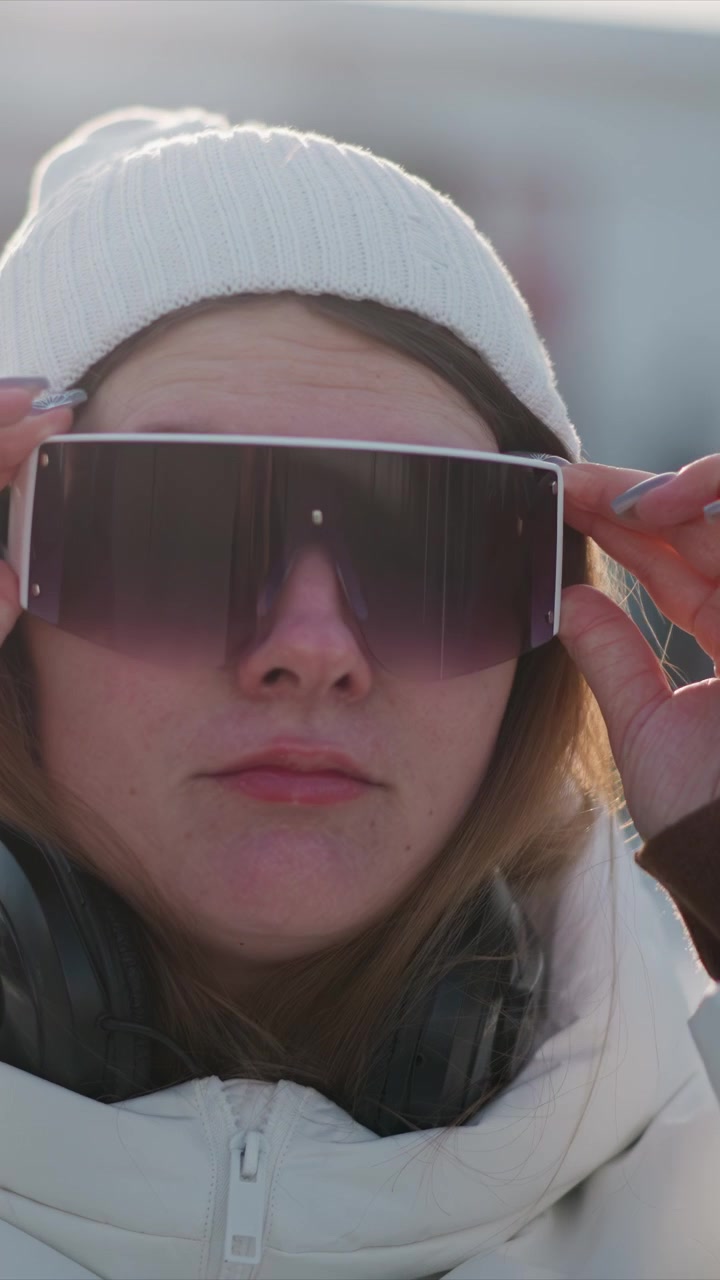 Woman wearing white knit hat and jacket adjusts large dark tinted goggles while black headphones rest around her neck. scene features soft natural light with warm tones focusing on subject
