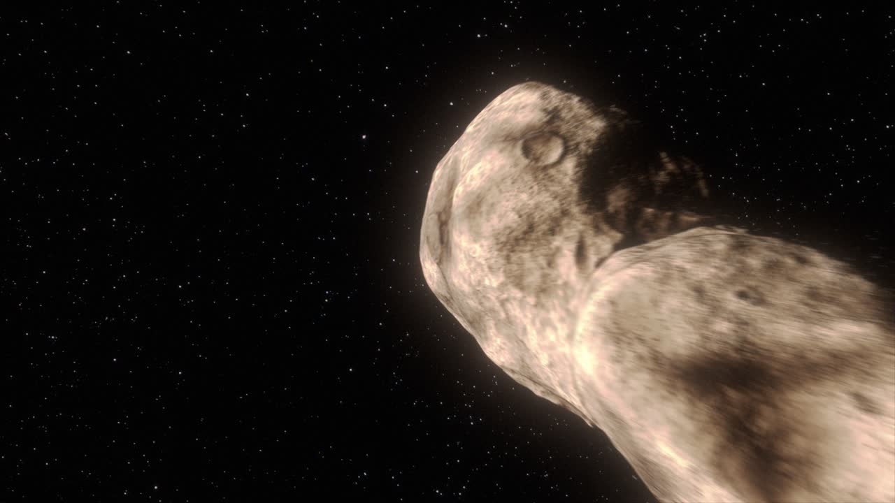 simulación de vuelo cgi 3d de alta calidad del asteroide toutatis surcando su camino a través del campo estelar del espacio profundo con una lenta rotación longitudinal