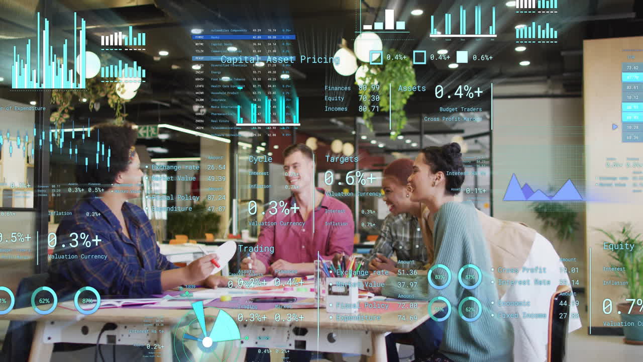 사무실에서 다양한 사업가들에 대한 금융 데이터 처리의 활성화