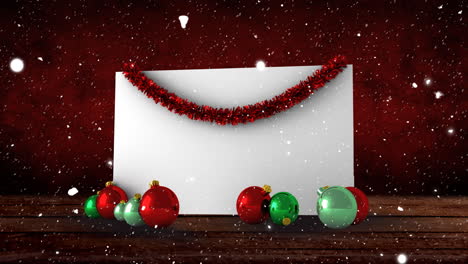 Animation-of-snow-falling-over-white-card-with-copy-space-and-christmas-decorations