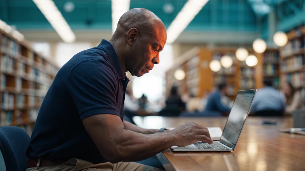 Focused Individual Engaged in Productive Work at a Library, Typing Intently on Laptop Surrounded by Bookshelves and Other Library Patrons in Study Environment