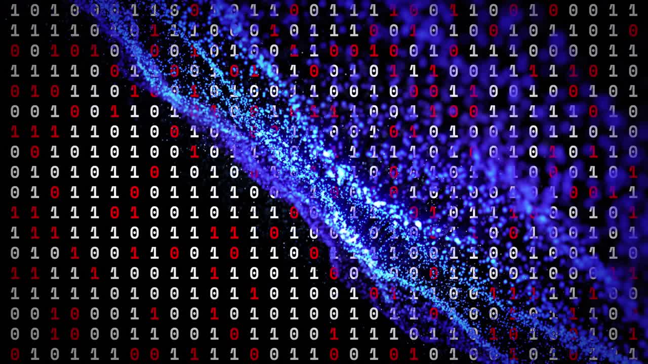 Animation of binary coding over glowing spots on black background