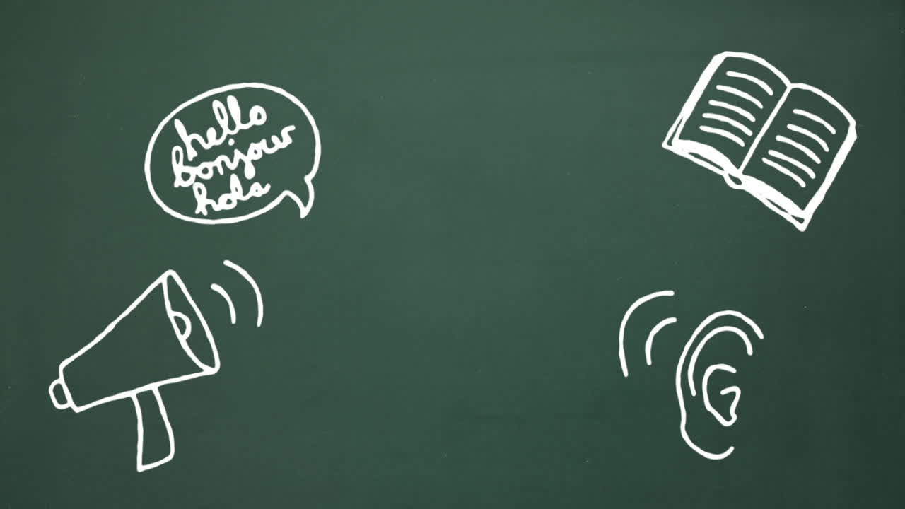 Animation of school concept icons against green chalkboard background with copy space