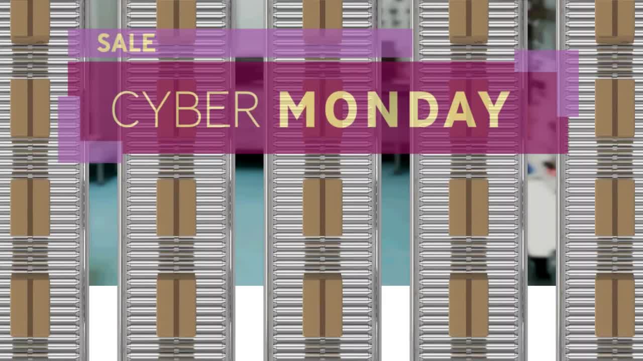 컨베이어 벨트에 있는 카드보드 상자 위에 있는 사이버 월요일 판매 텍스트의 애니메이션