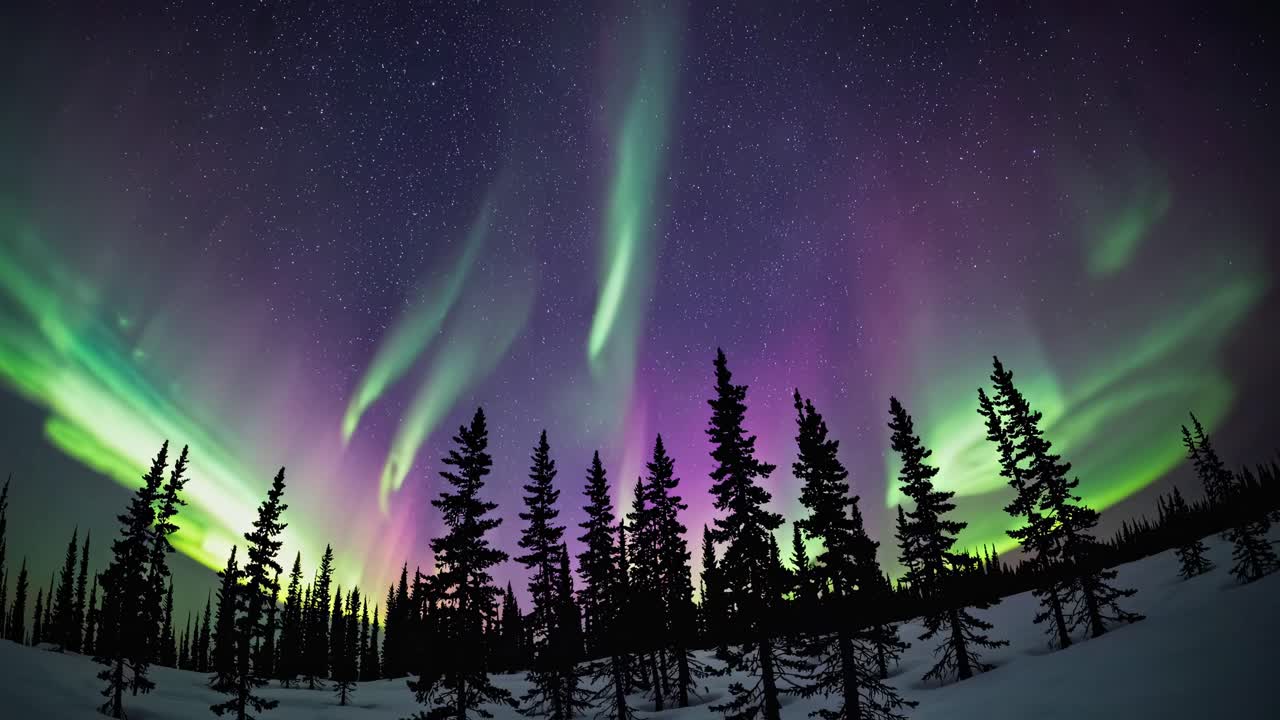 A mesmerizing video captures the Northern Lights with a low-angle view, showcasing vibrant green