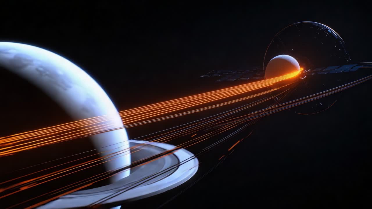 Fantastic visualization of a futuristic space structure harvesting energy from a planet, creating bright orange light trails that flow through the cosmos towards a ringed celestial body