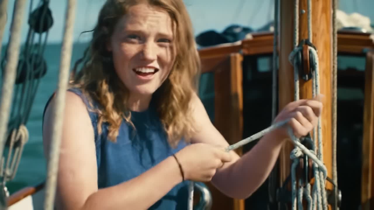 A young sailor on a beautiful day, skillfully tying knots on a sailing boat, immersed in the art of seamanship and enjoying the ocean breeze