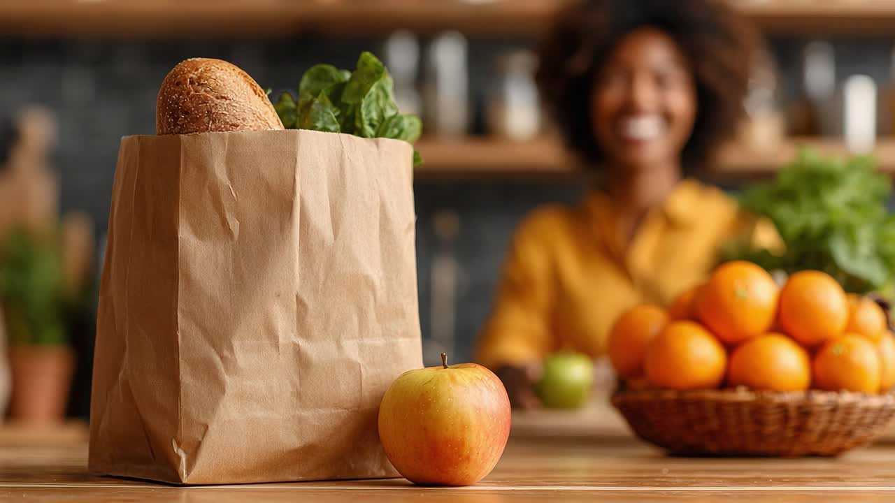 A vibrant kitchen scene showcasing a paper bag filled with fresh groceries, including bread, leafy greens, and an apple, accompanied by a basket of oranges