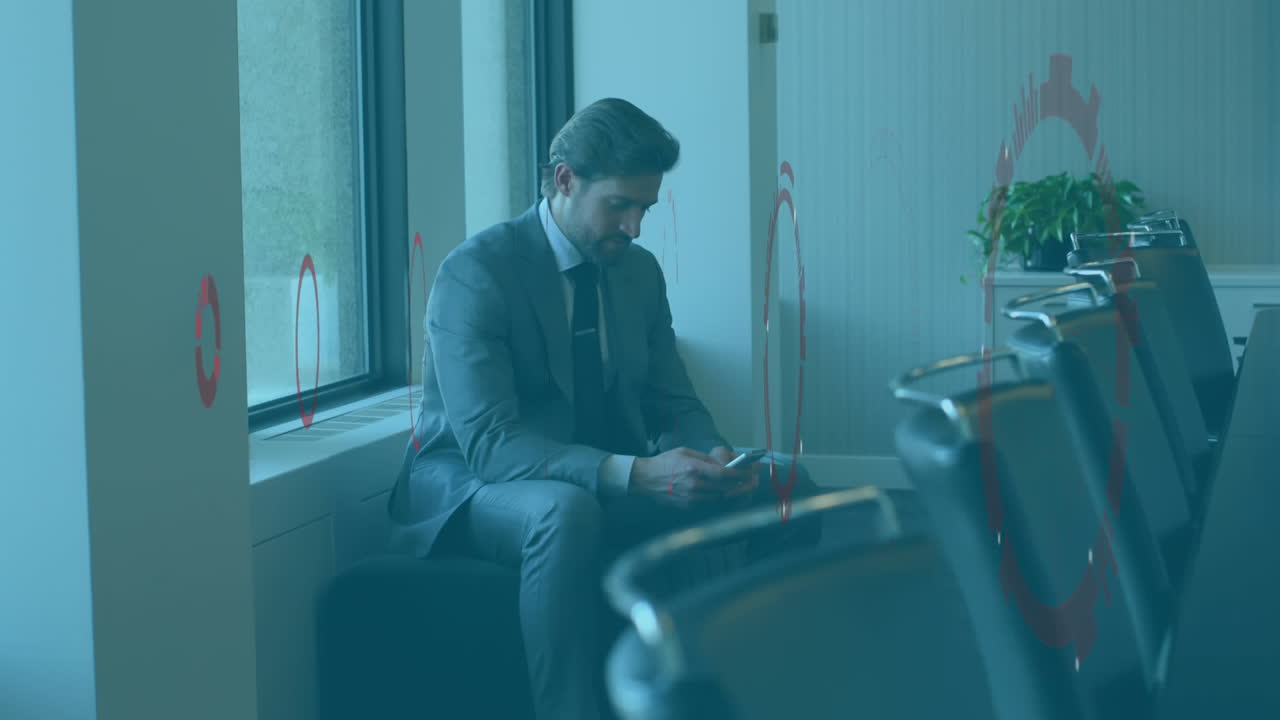 animación de procesamiento de datos sobre empresario caucásico usando teléfono inteligente