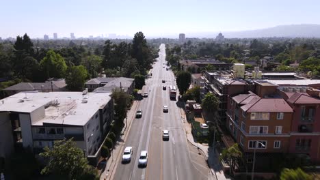 An-Excellent-Aerial-Shot-Of-Cars-Driving-Towards-Los-Angeles-California