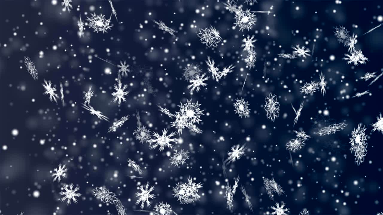 navidad y año nuevo animación de bucle sin fisuras. copos de nieve de navidad sobre fondo azul oscuro. cuentos de invierno del país de las maravillas.
