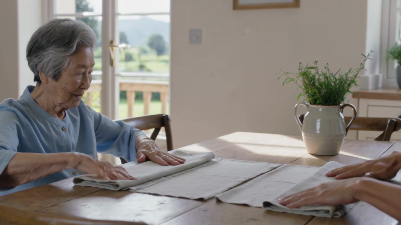 Picking cloths, senior in light blue folding linens away at table by glass door, copy space