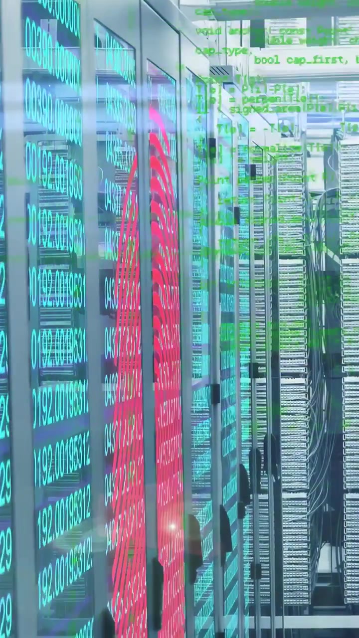 Vertical video: IT racks showing cyan LEDs while metrics driving red heatmap, green code monitoring