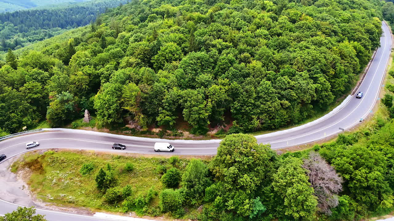 Scenic winding road through lush green forest landscape. Windy road curves through vibrant green forest, showcasing nature's beauty on a sunny day in the countryside