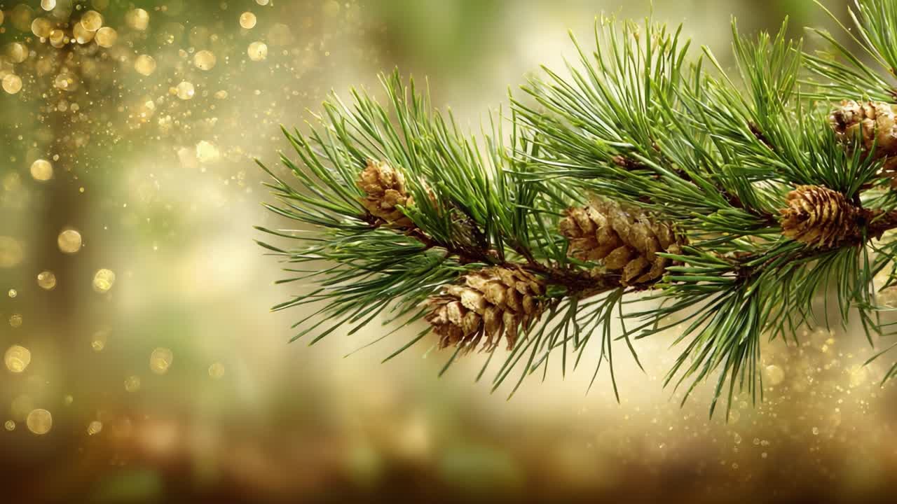 A Close-Up of a Pine Branch Featuring Pine Cones Against a Sparkling Background, Perfect for Nature Lovers and Seasonal Decorations