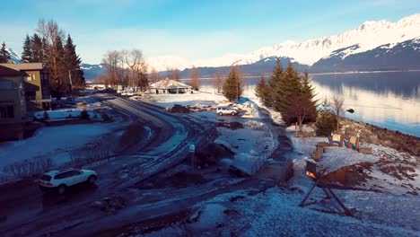 4K-Drone-Video-of-Snow-Covered-Mountains-Surrounding-Seward,-Alaska-During-Winter