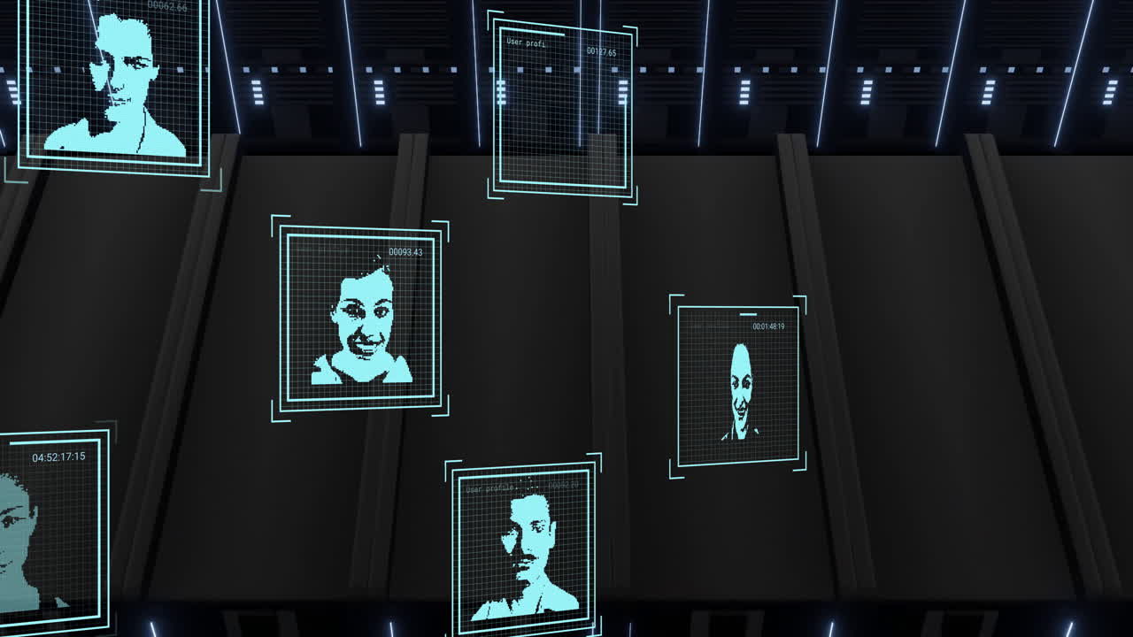 Animaatio biometrisistä kuvista ja datankäsittelystä tietokonepalvelimien yllä.