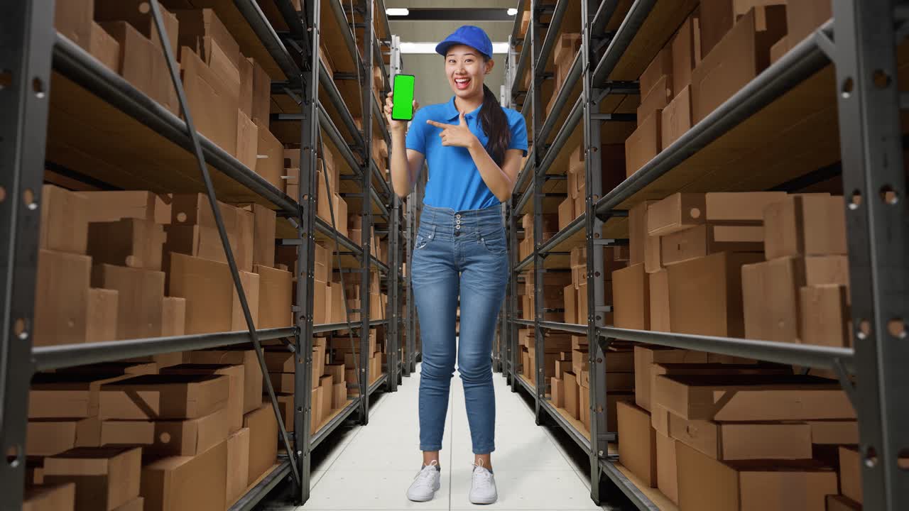 cuerpo lleno de mensajero femenino asiático en uniforme azul sonriendo y señalando a la pantalla verde teléfono inteligente mientras estaba de pie en el almacén