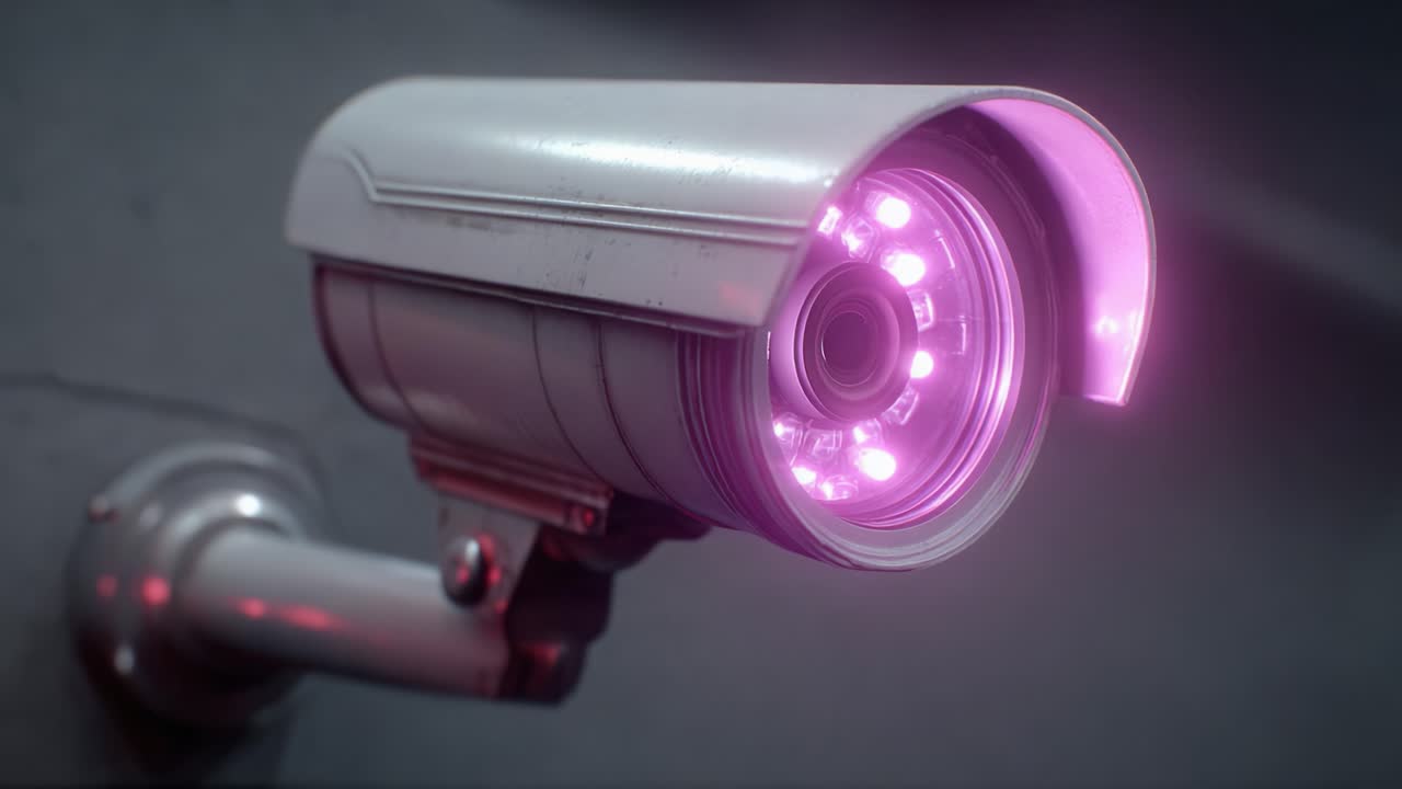 Una telecamera di sorveglianza ad alta tecnologia cattura immagini dettagliate in condizioni di illuminazione contrastanti, mettendo in mostra il suo design e la sua funzionalità da molteplici punti di vista