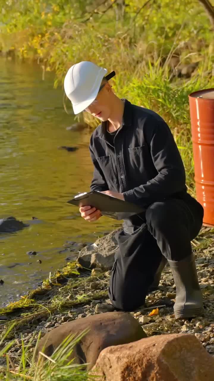 Vertical shot moving closer to an environmental scientist kneeling by the river, wearing protective gear and taking notes during sunset