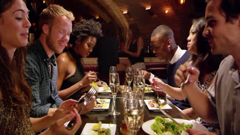 group of friends enjoying meal in restaurant shot on r3d