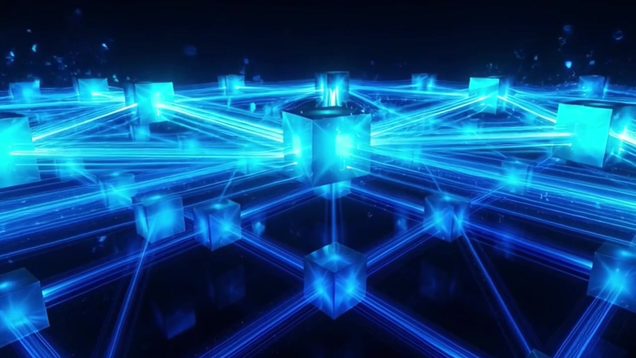 Abstract Digital Network of Glowing Blue Cubes and Data Connections