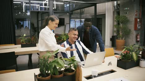 multiracial colleagues browsing laptop together