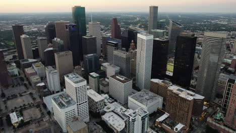 aerial overview of the streets and buildings of houston, sunset in tx, usa