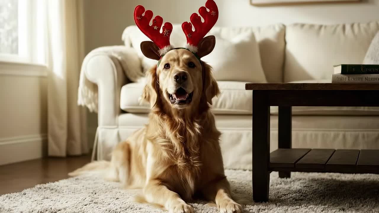 Golden retriever with reindeer antlers on a rug, eye-level angle