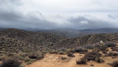 Panorámica-Lenta-Sobre-Las-Montañas-Desérticas-Y-El-Follaje-En-Lo-Profundo-Del-Desierto-De-Hesperia,-California,-Cerca-De-Deep-Creek-Y-El-Sendero-De-La-Cresta-Del-Pacífico