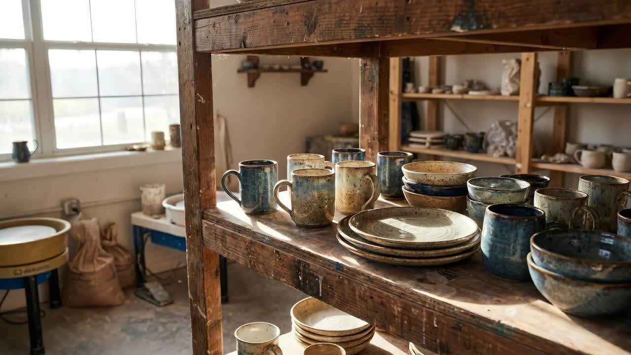 Handmade Pottery on Wooden Shelves