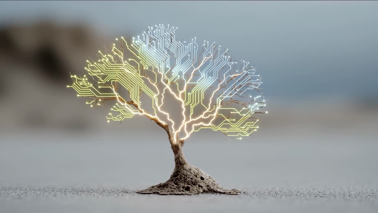 Lit circuit-patterned tree. A small tree with glowing circuit designs represents the fusion of nature and technology in a minimalistic setting.